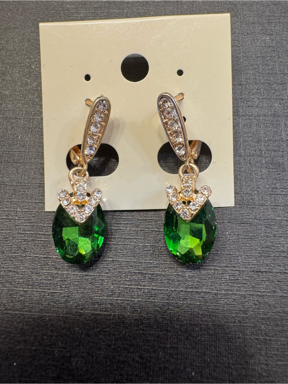 Gold-Tone Green Crystal Drop Earrings with Clear Rhinestones